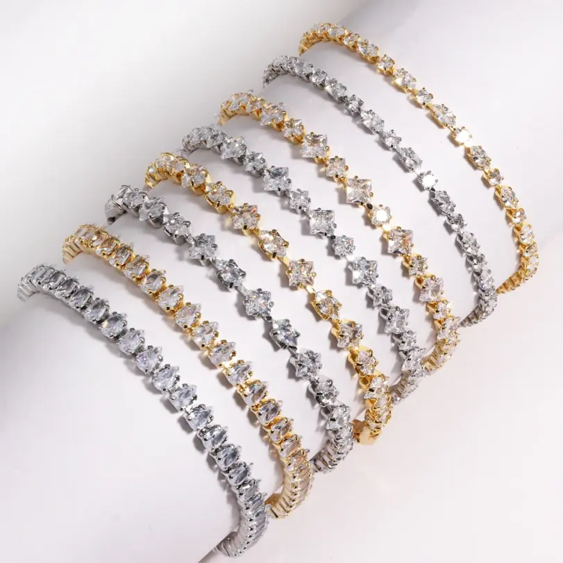 Pulseras de tenis de circonita cúbica brillante para mujer, cadena de Color plateado apilable y delicada de lujo, joyería de boda para banquete CZ de cristal 4