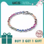 WES-pulsera de plata de ley 925 para mujer, corazón encantador, regalo del Día de San Valentín para novia, joyería de circonia cúbica de arcoíris, venta al por mayor 1