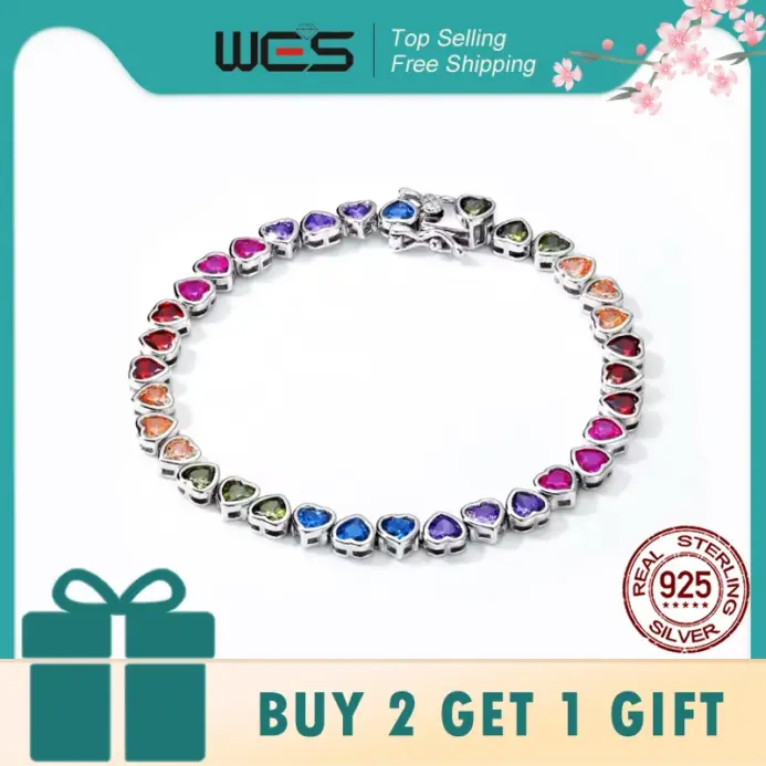 WES-pulsera de plata de ley 925 para mujer, corazón encantador, regalo del Día de San Valentín para novia, joyería de circonia cúbica de arcoíris, venta al por mayor 1