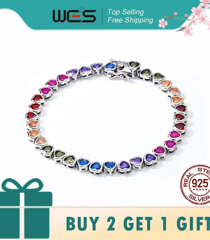 WES-pulsera de plata de ley 925 para mujer, corazón encantador, regalo del Día de San Valentín para novia, joyería de circonia cúbica de arcoíris, venta al por mayor 1