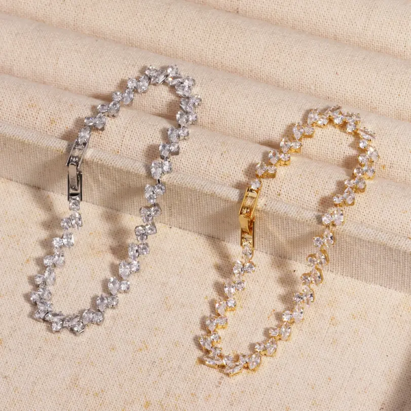 Pulsera de mujer, Circonia cúbica brillante a la moda, pulseras de tenis de hojas de Color oro rosa para mujeres y niñas, regalos de joyería para fiesta y boda 1
