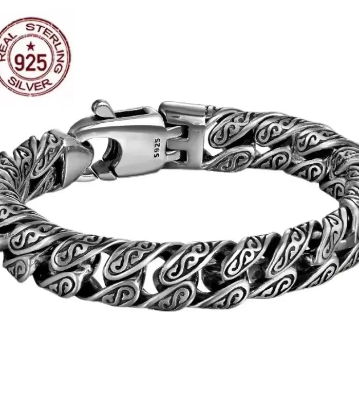 Pulsera de plata de ley S925 auténtica con diseño de hierba Tang para hombre y mujer, pulsera retro de Hip Hop, regalo de joyería certificado a la moda 1