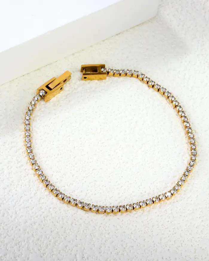 pulseras con dijes de acero inoxidable de circonia cúbica redonda completa para mujer, cadena de cristal dorado, joyería de boda con temperamento 2