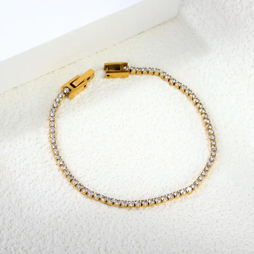 pulseras con dijes de acero inoxidable de circonia cúbica redonda completa para mujer, cadena de cristal dorado, joyería de boda con temperamento 2