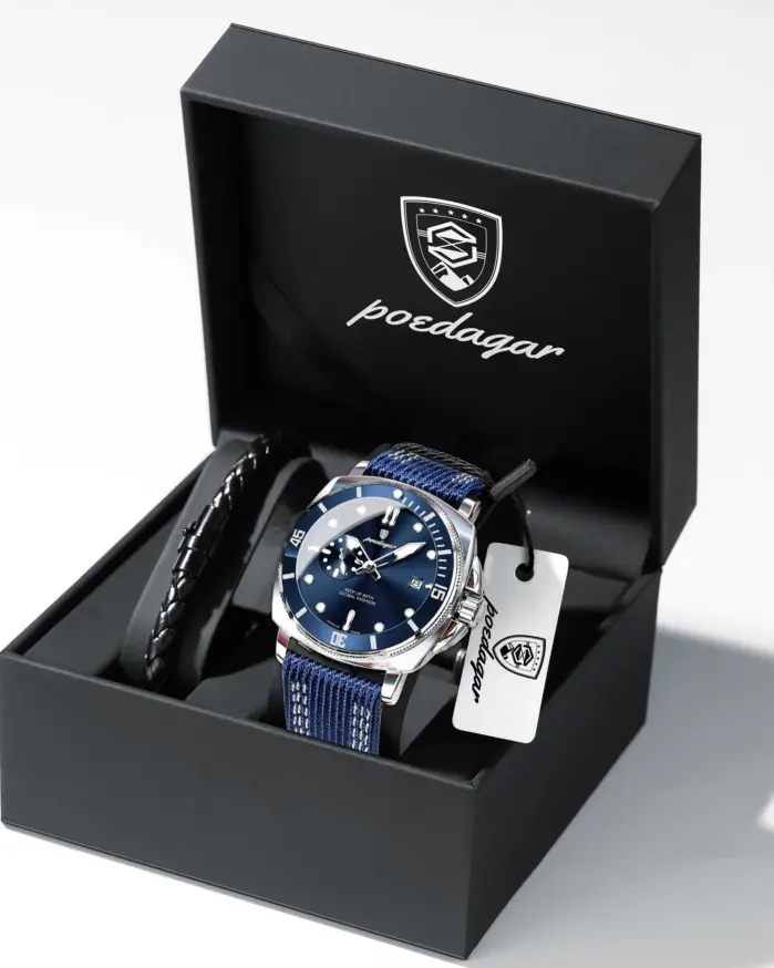 Reloj deportivo militar POEDAGAR para hombre, resistente al agua, luminoso, con fecha, de lujo, con correa de nailon y cuero, reloj de cuarzo para hombre + caja. 1