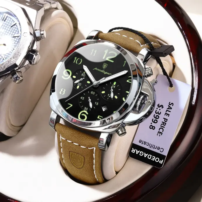 POEDAGAR, reloj militar de lujo para hombre, resistente al agua, luminoso, cronógrafo con fecha, reloj para hombre, relojes deportivos informales de cuero de cuarzo para hombre 1