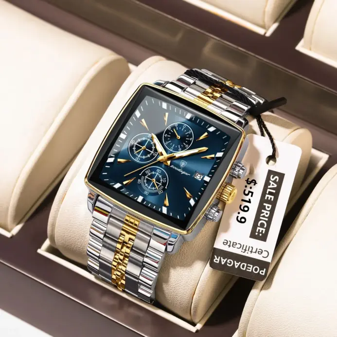 Reloj POEDAGAR a la moda para hombre, Reloj de pulsera luminoso resistente al agua con cronógrafo y fecha para hombre, Reloj cuadrado de cuarzo de acero inoxidable para hombre 2
