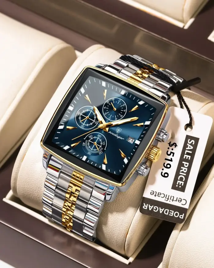 Reloj POEDAGAR a la moda para hombre, Reloj de pulsera luminoso resistente al agua con cronógrafo y fecha para hombre, Reloj cuadrado de cuarzo de acero inoxidable para hombre 2