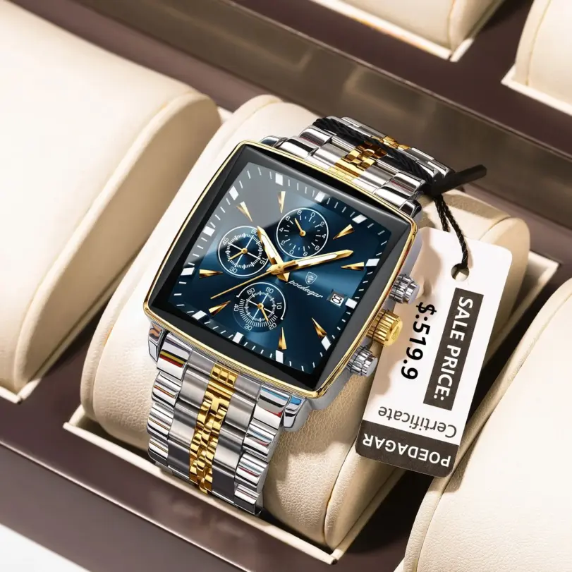 Reloj POEDAGAR a la moda para hombre, Reloj de pulsera luminoso resistente al agua con cronógrafo y fecha para hombre, Reloj cuadrado de cuarzo de acero inoxidable para hombre 2