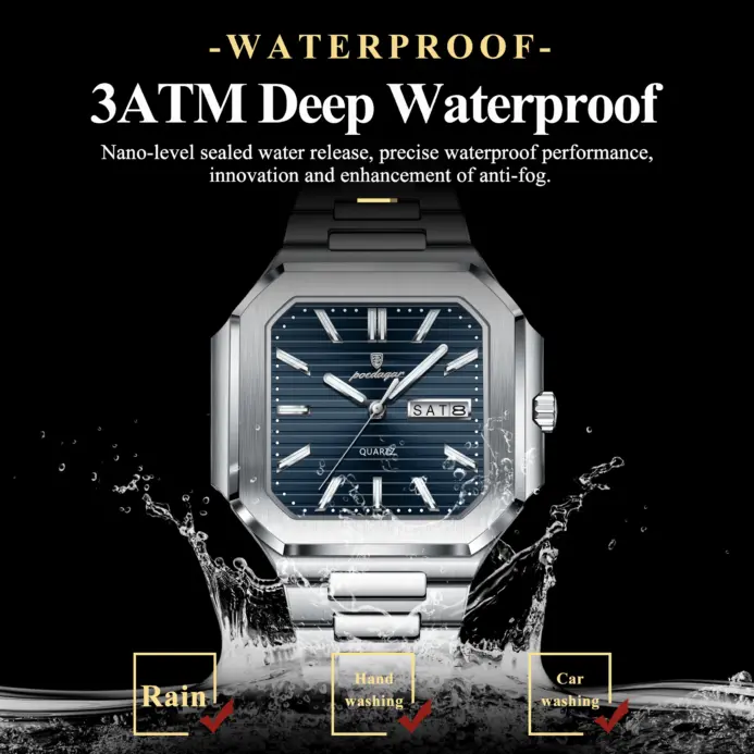 Reloj de pulsera POEDAGAR cuadrado de lujo a la moda para hombre, resistente al agua, luminoso, con fecha y semana, relojes de cuarzo para hombre, Reloj de acero inoxidable para hombre 2