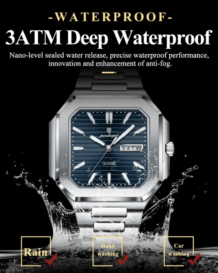 Reloj de pulsera POEDAGAR cuadrado de lujo a la moda para hombre, resistente al agua, luminoso, con fecha y semana, relojes de cuarzo para hombre, Reloj de acero inoxidable para hombre 2