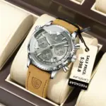 POEDAGAR, reloj de moda de alta calidad para hombre, cronógrafo, calendario luminoso resistente al agua, reloj de pulsera para hombre, relojes de cuarzo de cuero para hombre + caja 2