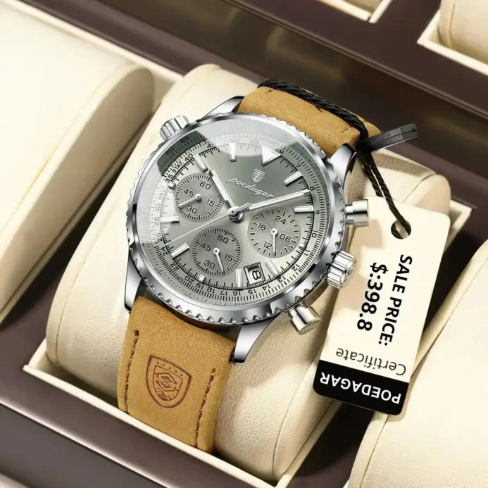 POEDAGAR, reloj de moda de alta calidad para hombre, cronógrafo, calendario luminoso resistente al agua, reloj de pulsera para hombre, relojes de cuarzo de cuero para hombre + caja 2