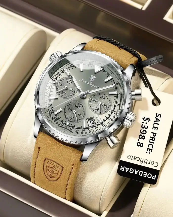 POEDAGAR, reloj de moda de alta calidad para hombre, cronógrafo, calendario luminoso resistente al agua, reloj de pulsera para hombre, relojes de cuarzo de cuero para hombre + caja 2