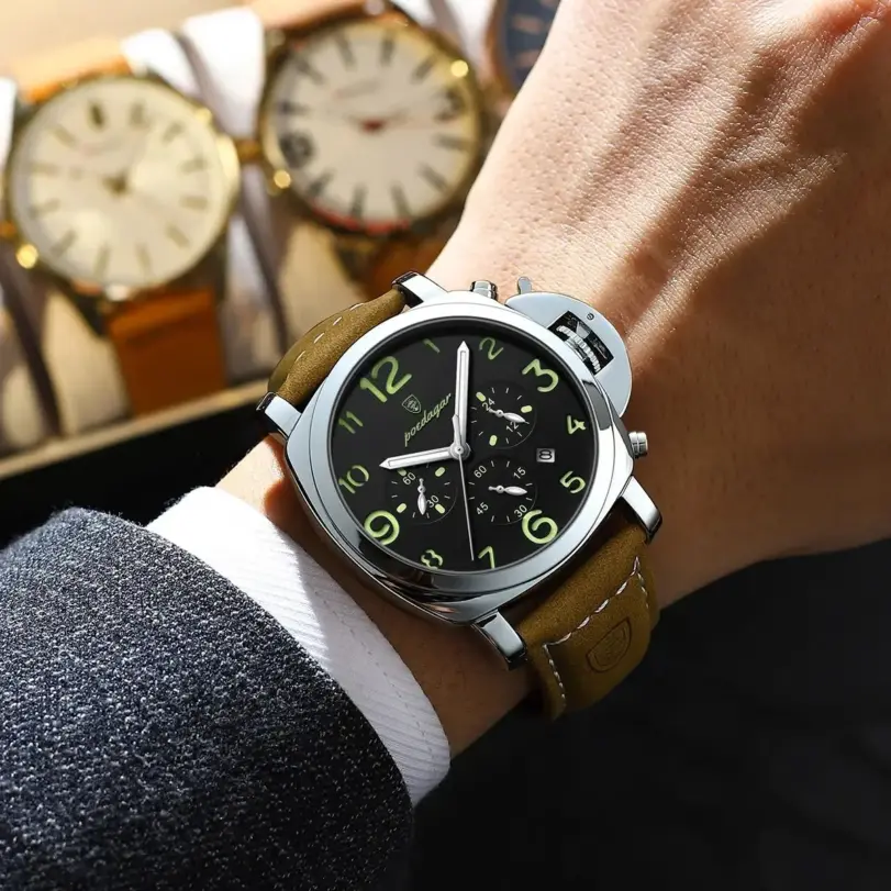 POEDAGAR, reloj militar de lujo para hombre, resistente al agua, luminoso, cronógrafo con fecha, reloj para hombre, relojes deportivos informales de cuero de cuarzo para hombre 5
