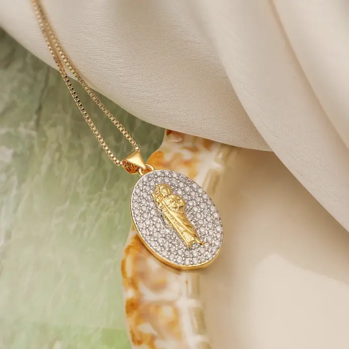 Nuevo Collar de Moda con Colgante de Virgen María y Sacerdote, con Incrustaciones Brillantes de Circonita Cúbica AAA en Color Plata/Oro 2