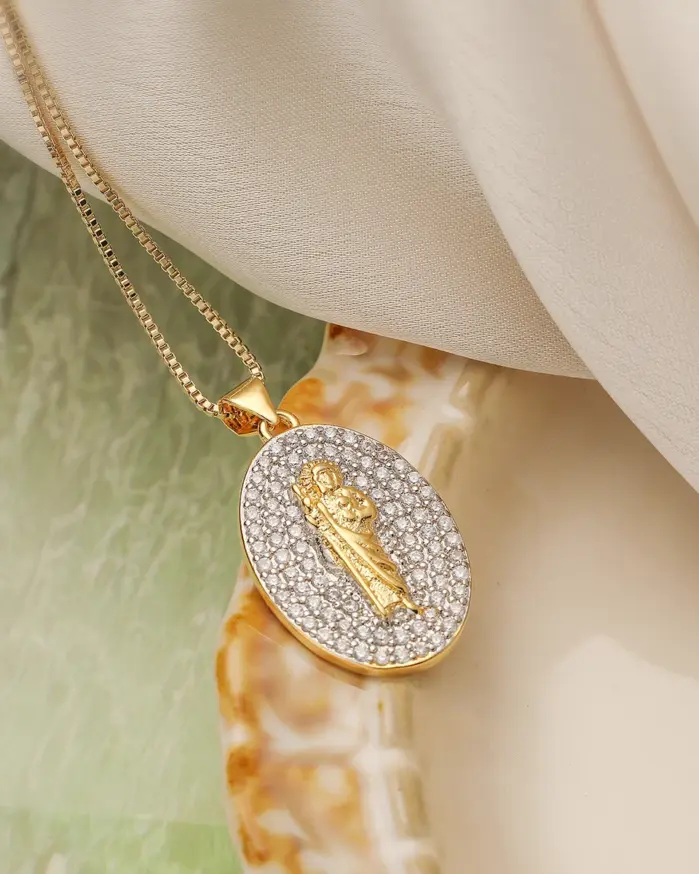 Nuevo Collar de Moda con Colgante de Virgen María y Sacerdote, con Incrustaciones Brillantes de Circonita Cúbica AAA en Color Plata/Oro 2
