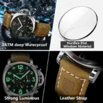 POEDAGAR, reloj militar de lujo para hombre, resistente al agua, luminoso, cronógrafo con fecha, reloj para hombre, relojes deportivos informales de cuero de cuarzo para hombre 4