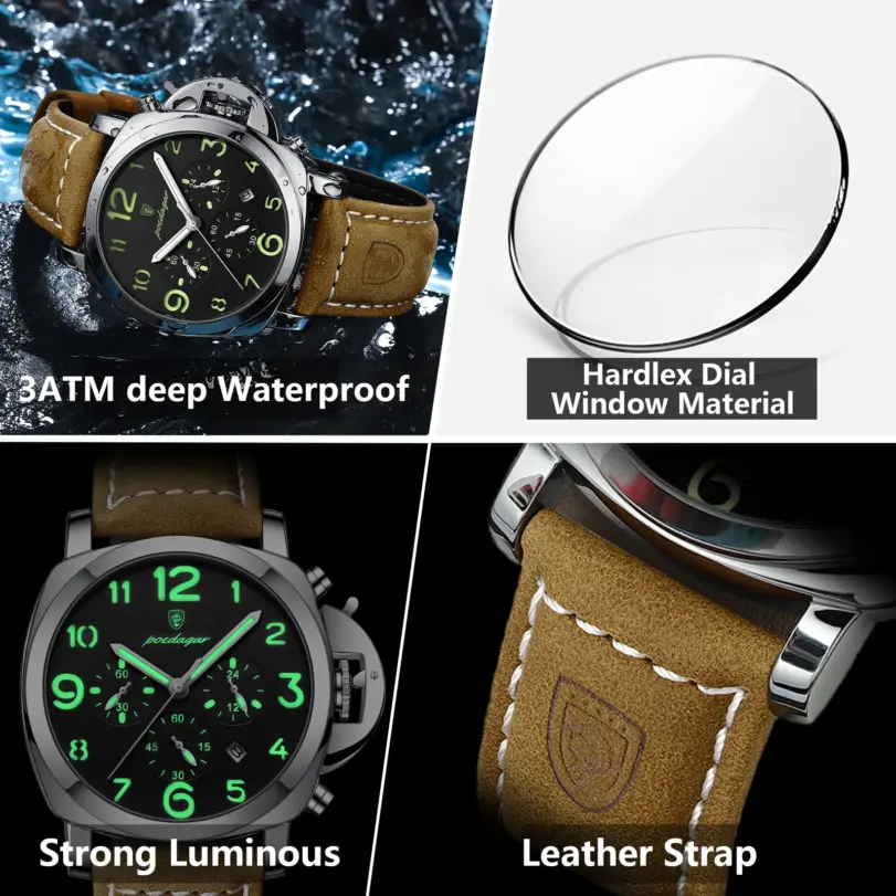 POEDAGAR, reloj militar de lujo para hombre, resistente al agua, luminoso, cronógrafo con fecha, reloj para hombre, relojes deportivos informales de cuero de cuarzo para hombre 4