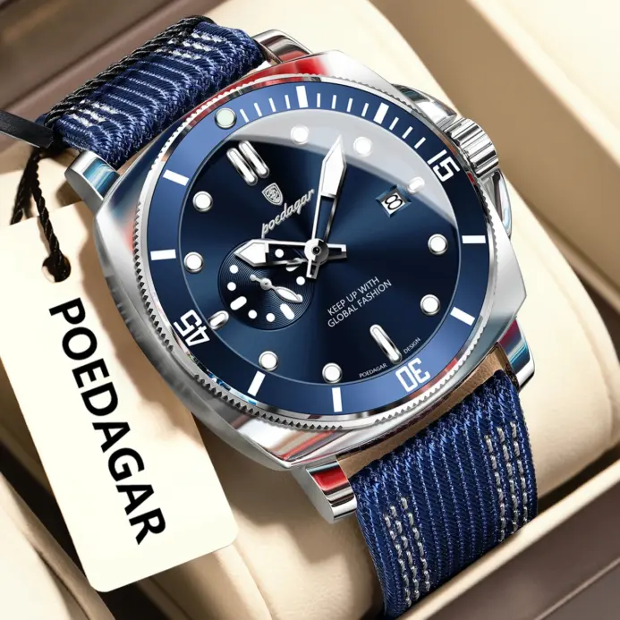 POEDAGAR, reloj de pulsera de lujo a la moda para hombre, reloj deportivo luminoso resistente al agua con fecha para hombre, relojes de cuarzo de cuero de nailon para negocios para hombre 1
