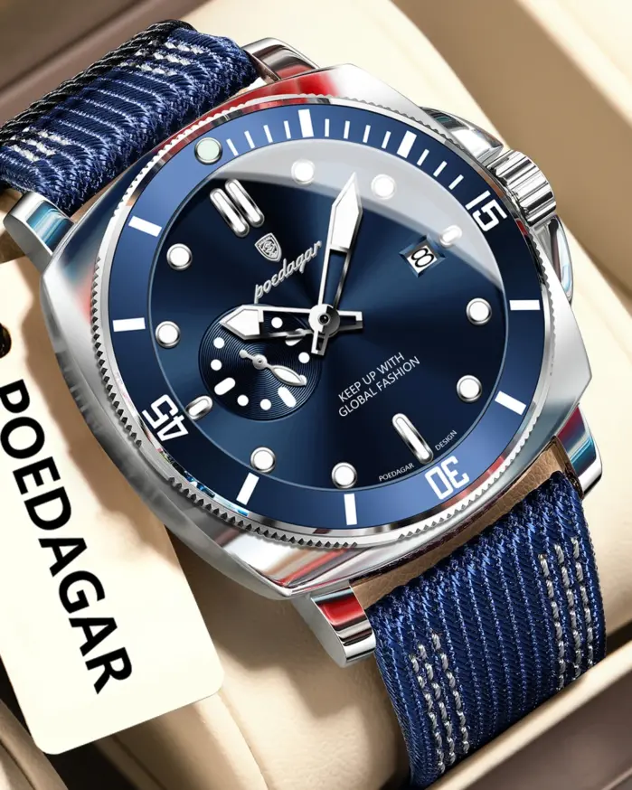 POEDAGAR, reloj de pulsera de lujo a la moda para hombre, reloj deportivo luminoso resistente al agua con fecha para hombre, relojes de cuarzo de cuero de nailon para negocios para hombre 1