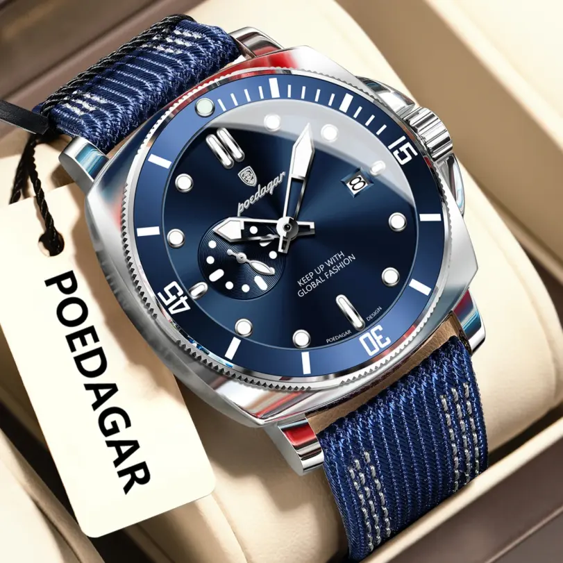 POEDAGAR, reloj de pulsera de lujo a la moda para hombre, reloj deportivo luminoso resistente al agua con fecha para hombre, relojes de cuarzo de cuero de nailon para negocios para hombre 1