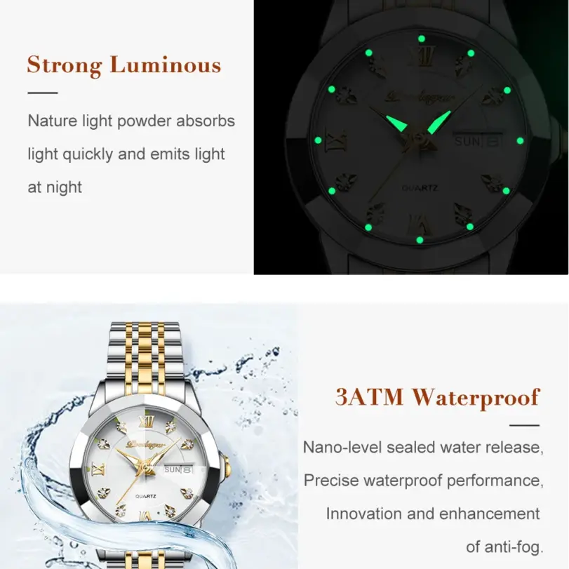 POEDAGAR, reloj de pulsera de lujo para mujer, luminoso, resistente al agua, fecha, semana, relojes de vestir para mujer, reloj de acero inoxidable para mujer, reloj de cuarzo + caja 3
