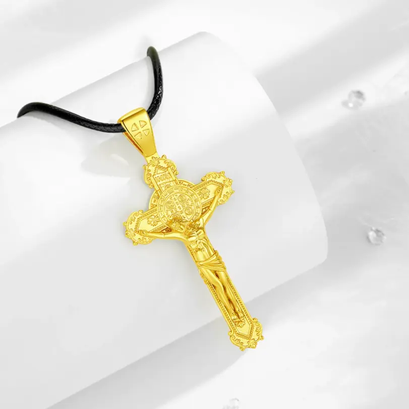 collar de plata de ley 925 con crucifijo, cruz de Jesús, oro de 18k, colgante religioso de San Benito, joyería de San Benito, regalo para hombres 4