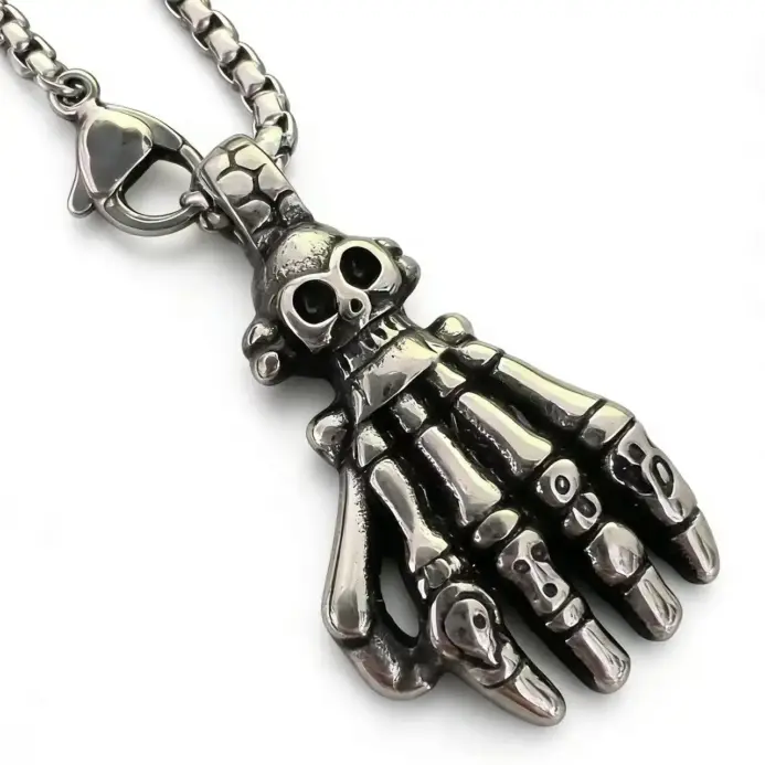 HNSP-Colgante de acero inoxidable con forma de mano de calavera, estilo Punk gótico, con cadena de 60cm, collar para hombre, accesorios de joyería 1