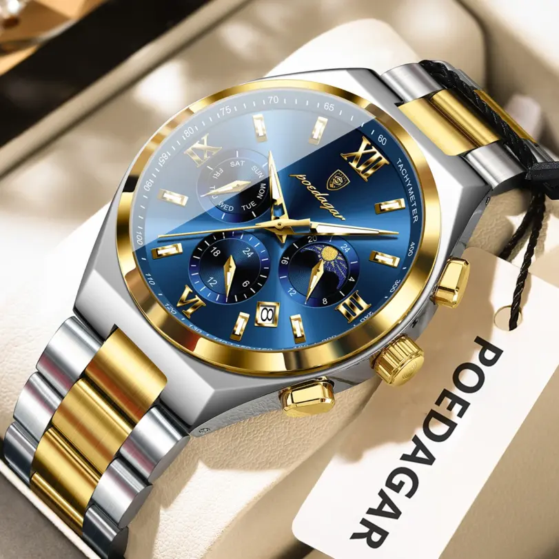 Reloj de pulsera POEDAGAR deportivo de lujo para Hombre, Reloj Original luminoso con fecha semanal para Hombre, relojes de cuarzo de acero inoxidable para Hombre, Reloj para Hombre 1