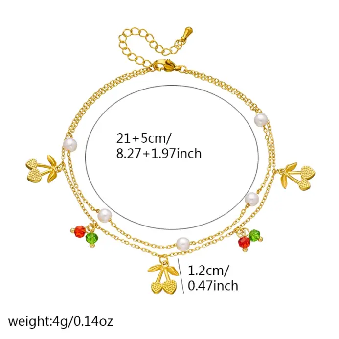 Tobillera de perlas de cereza de doble capa de acero inoxidable 316L para mujer, cadena de color dorado a la moda, joyería estética de playa de verano 2