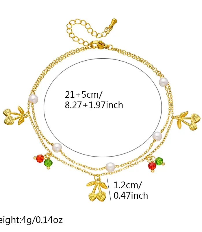 Tobillera de perlas de cereza de doble capa de acero inoxidable 316L para mujer, cadena de color dorado a la moda, joyería estética de playa de verano 2