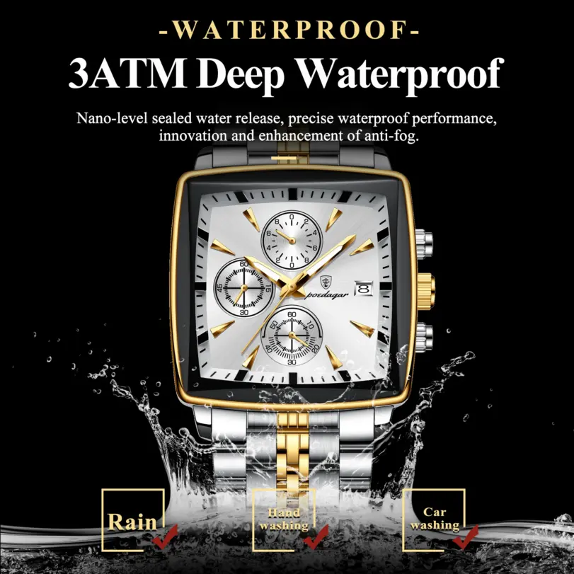 POEDAGAR-Reloj de pulsera deportivo cuadrado para hombre, cronógrafo de cuarzo, luminoso, resistente al agua, de lujo, de acero inoxidable 3