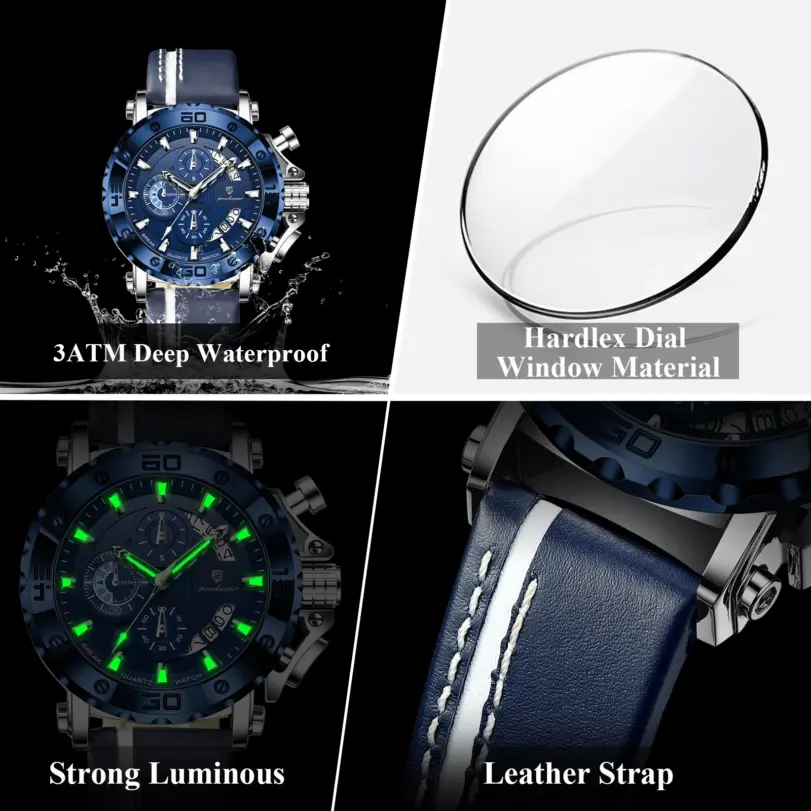Reloj POEDAGAR de alta calidad para hombre, resistente al agua, fecha luminosa, reloj de moda para hombre, cronógrafo de cuero, relojes de cuarzo para hombre + caja 4