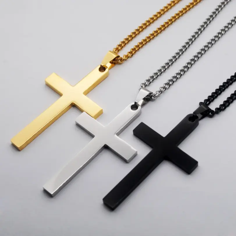 HNSP Collar con colgante de cruz de acero inoxidable 316L en blanco para grabar, accesorios de joyería religiosa de protección DIY 1