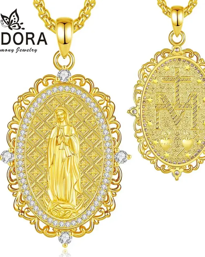 Collar de Virgen María, Chapado en Oro de 24K, Medallón de la Virgen, Colgante de Cruz, Joyería Religiosa, Regalo para Mujer y Hombre 1