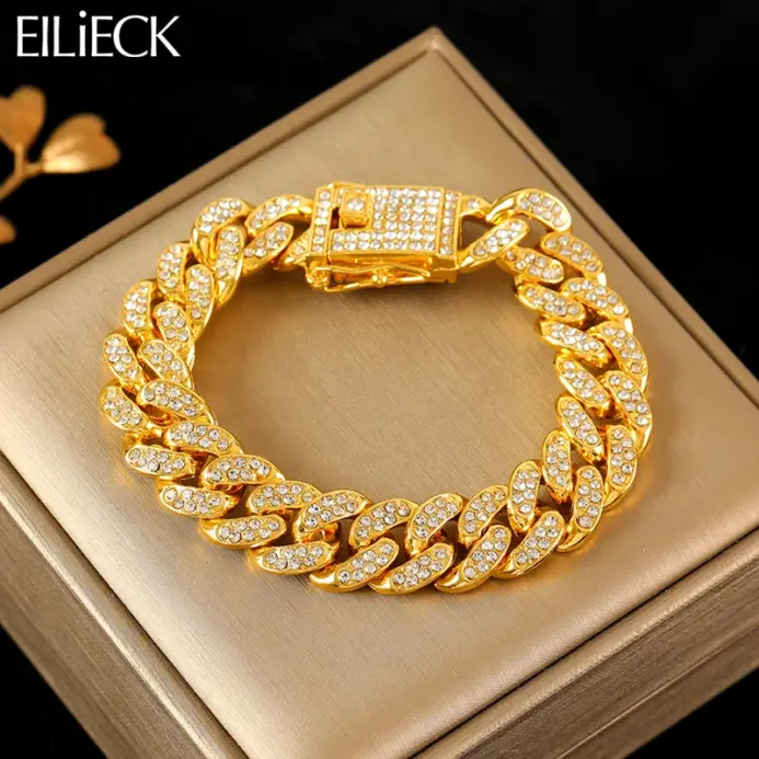 EILIECK-pulsera de cadena cubana para hombre y mujer, brazalete de acero inoxidable 316L, Color dorado, resistente al agua, estilo Punk, ideal para regalo de fiesta 1