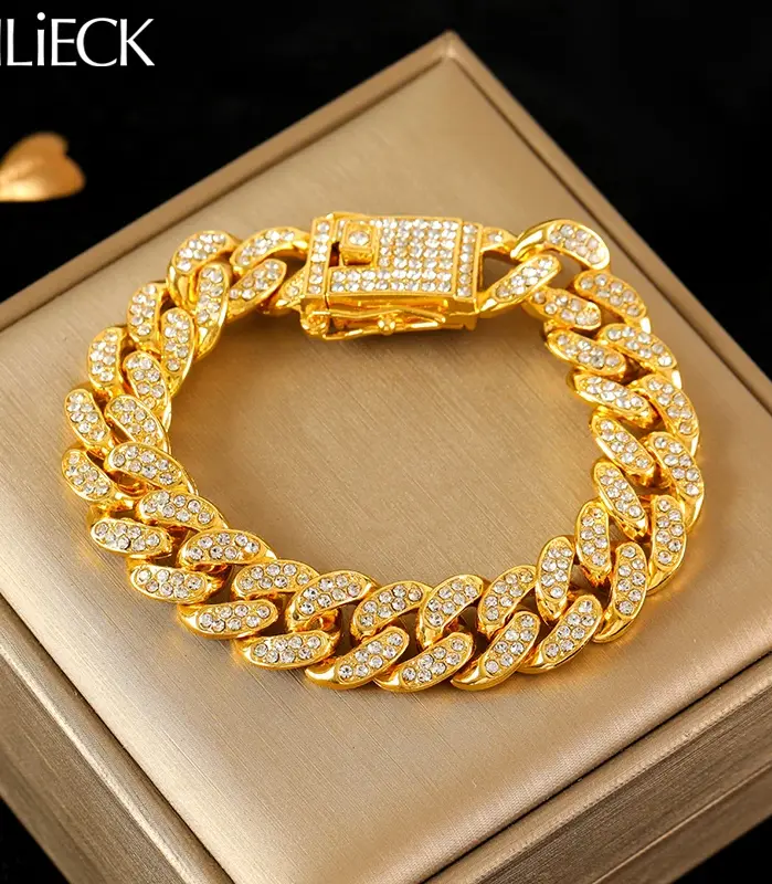 EILIECK-pulsera de cadena cubana para hombre y mujer, brazalete de acero inoxidable 316L, Color dorado, resistente al agua, estilo Punk, ideal para regalo de fiesta 1