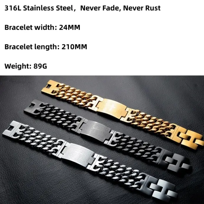 HNSP Pulsera de cadena cubana de acero inoxidable 316L de 24 mm de ancho para hombre, joyería masculina, pulsera envolvente, accesorio punk 2