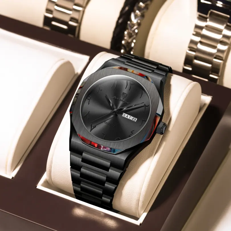 Reloj POEDAGAR de alta calidad a la moda para hombre, Reloj resistente al agua con fecha y semana para hombre, relojes de lujo de acero inoxidable de cuarzo para hombre, Reloj + caja 2