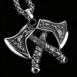 HNSP 316L Acero inoxidable Guerrero vikingo doble hacha colgante collar para hombres accesorio de joyería Vintage 1