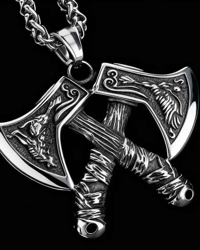 HNSP 316L Acero inoxidable Guerrero vikingo doble hacha colgante collar para hombres accesorio de joyería Vintage 1