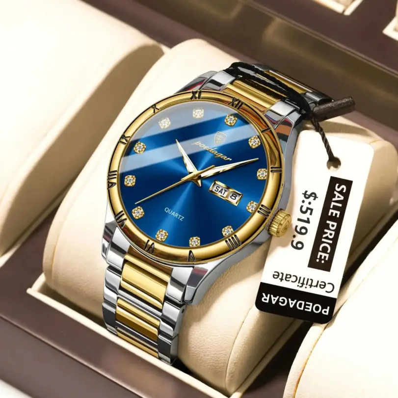 POEDAGAR, Reloj de lujo superior para hombre con fecha y semana, Reloj de pulsera luminoso resistente al agua para hombre, relojes de cuarzo de acero inoxidable para hombre, Reloj deportivo 1
