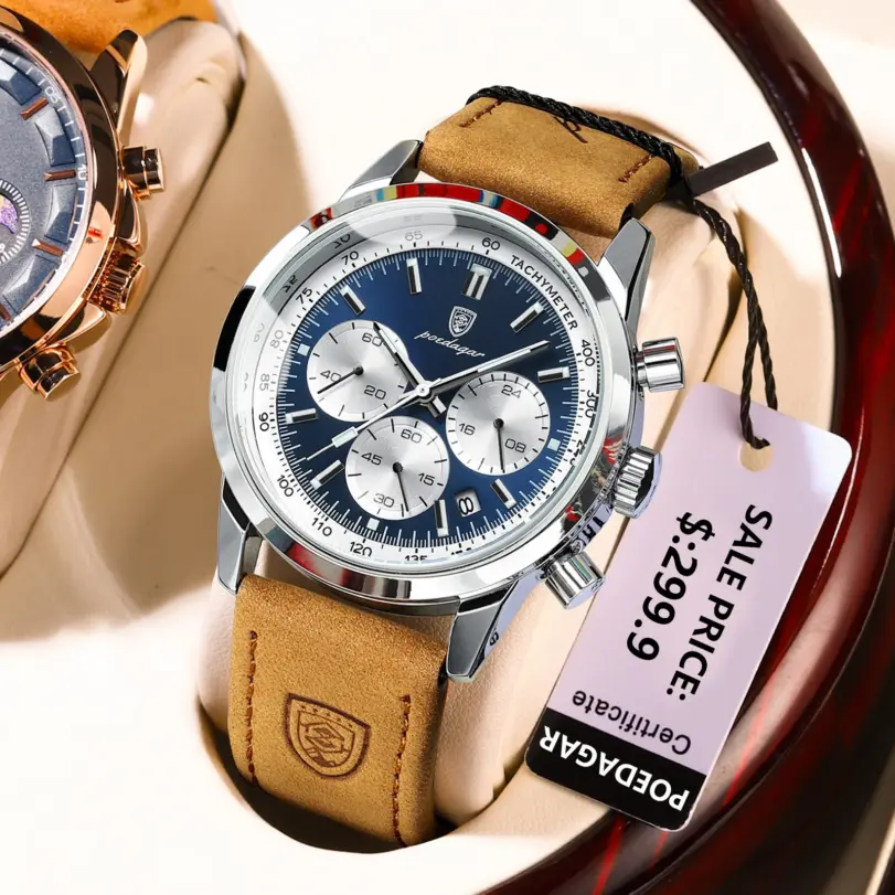 Reloj POEDAGAR de lujo para hombre, cronógrafo resistente al agua, reloj de pulsera luminoso con fecha para hombre, relojes de cuero de cuarzo para hombre Sprots 4