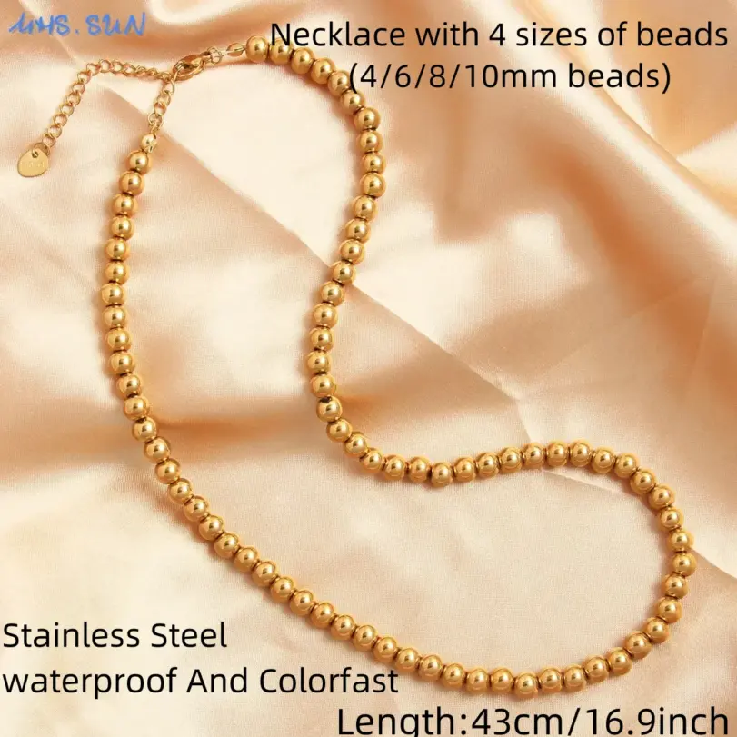 MHS.SUN-collar de perlas con cuentas de bola de Color dorado de acero inoxidable, cuentas de Metal de 4/6/8/10MM, joyería ajustable para mujeres y hombres 5