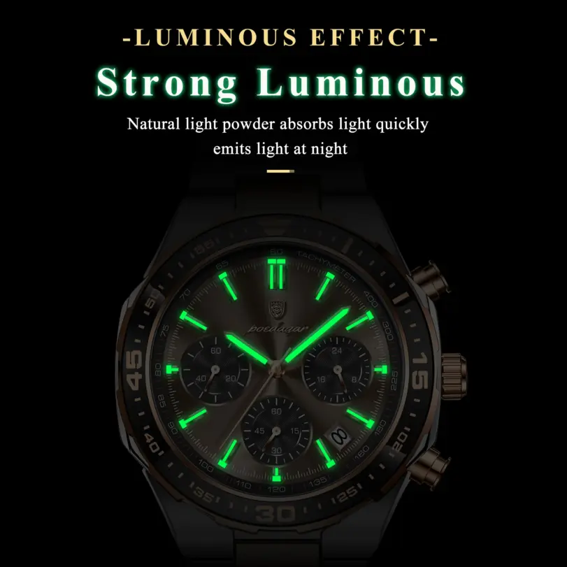Reloj deportivo de lujo POEDAGAR para hombre, de acero inoxidable, cuarzo, resistente al agua, luminoso, con fecha, cronógrafo, reloj de pulsera para hombre + caja 3
