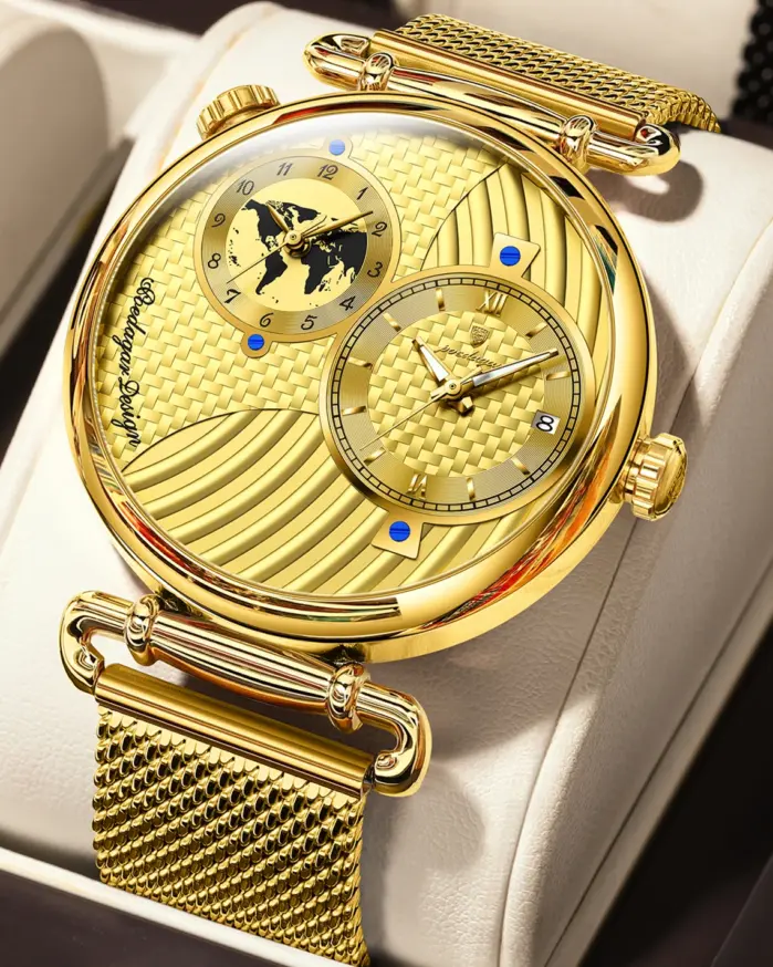 Reloj de pulsera de lujo POEDAGAR para hombre con doble zona horaria, resistente al agua, con fecha, deportivo, de malla de acero inoxidable, reloj de cuarzo para hombre. 1