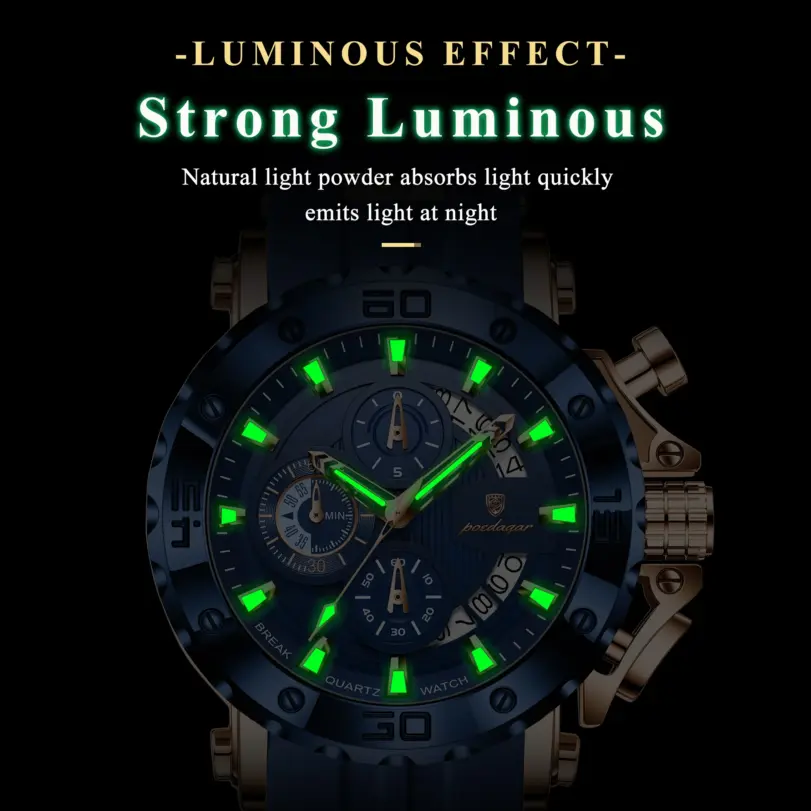 Reloj de Hombre de Lujo Original POEDAGAR, Cronógrafo, Resistente al Agua, Luminoso, Deportivo, con Calendario, Correa de Silicona, Reloj de Cuarzo para Hombre 3