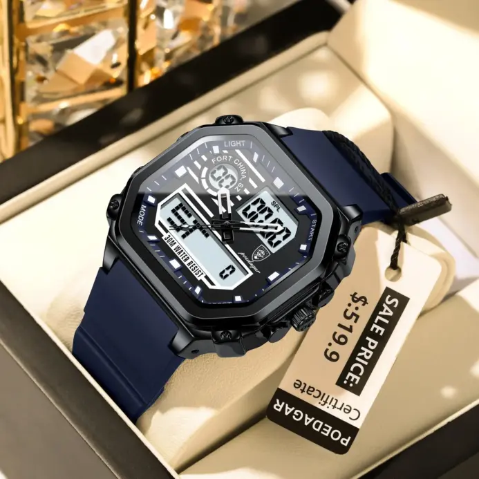 Reloj deportivo LED POEDAGAR para hombre, pantalla de doble horario, reloj Digital de semana con fecha cuadrada para hombre, correa de silicona electrónica, relojes de cuarzo para hombre 2