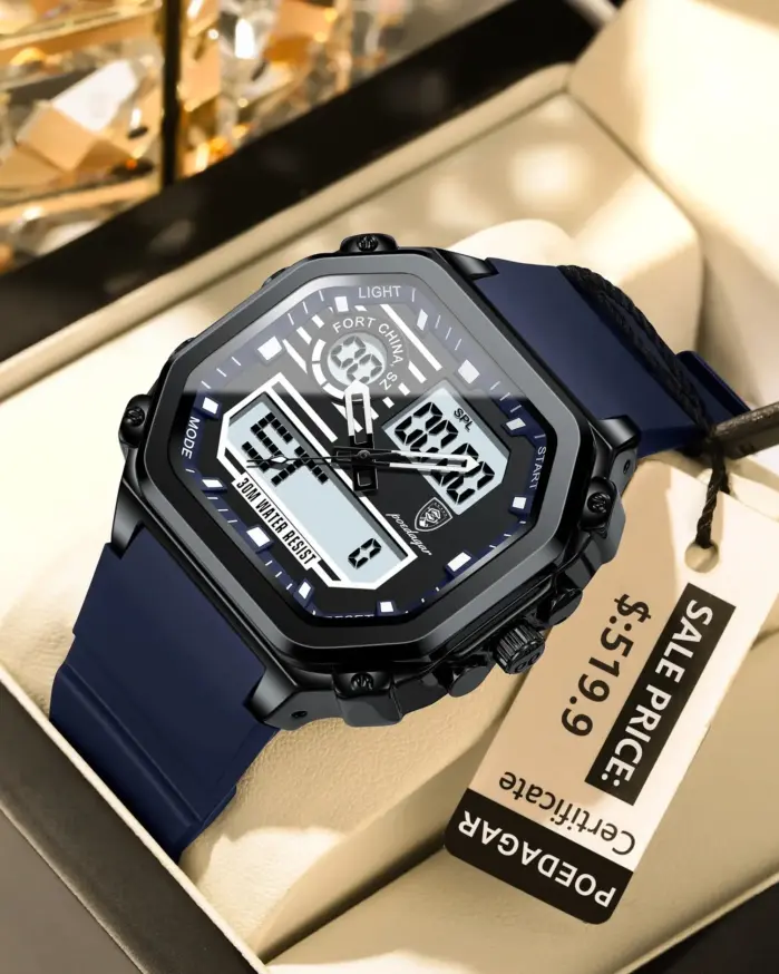 Reloj deportivo LED POEDAGAR para hombre, pantalla de doble horario, reloj Digital de semana con fecha cuadrada para hombre, correa de silicona electrónica, relojes de cuarzo para hombre 2